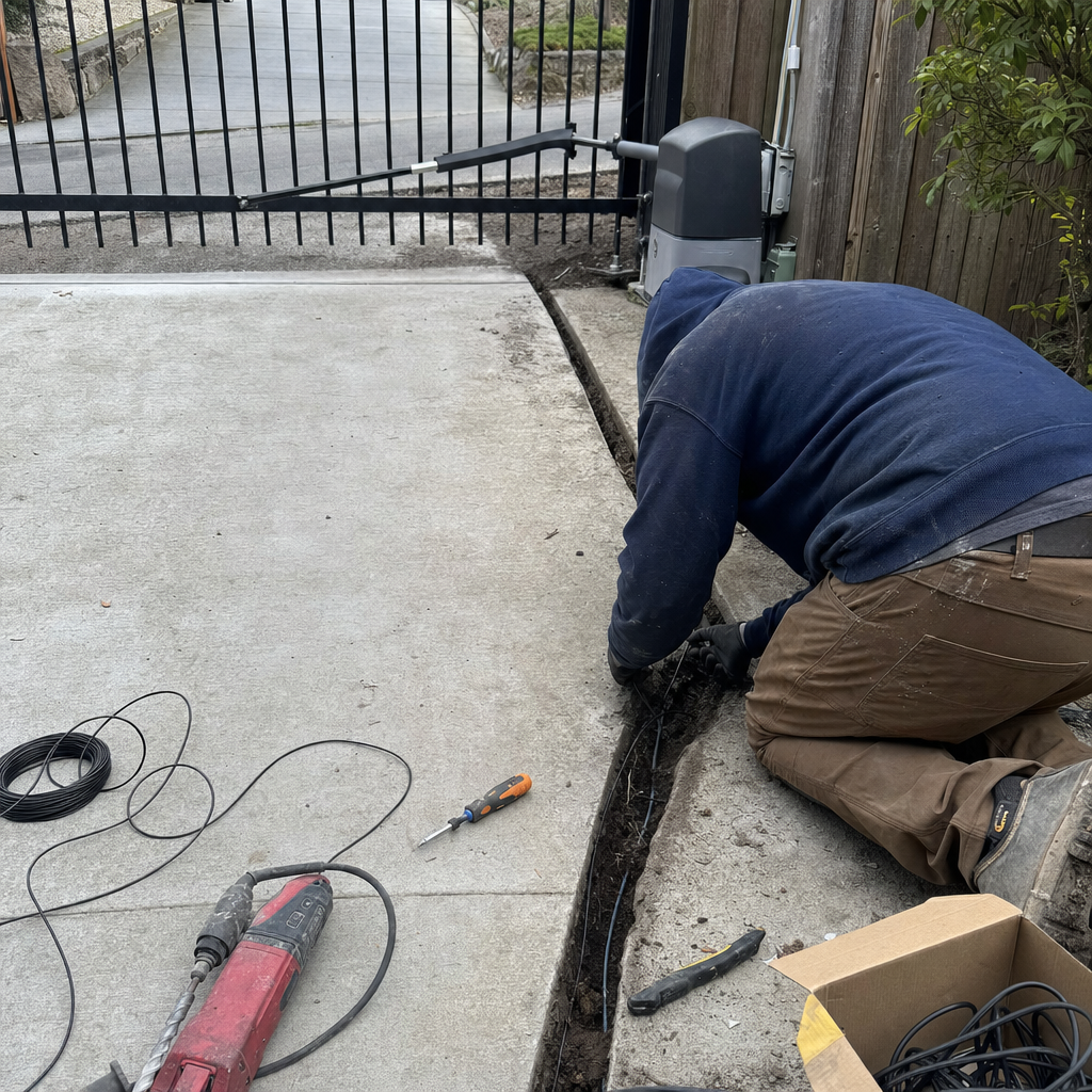 Technician performing professional gate access control wiring and repair in Washington, WA
