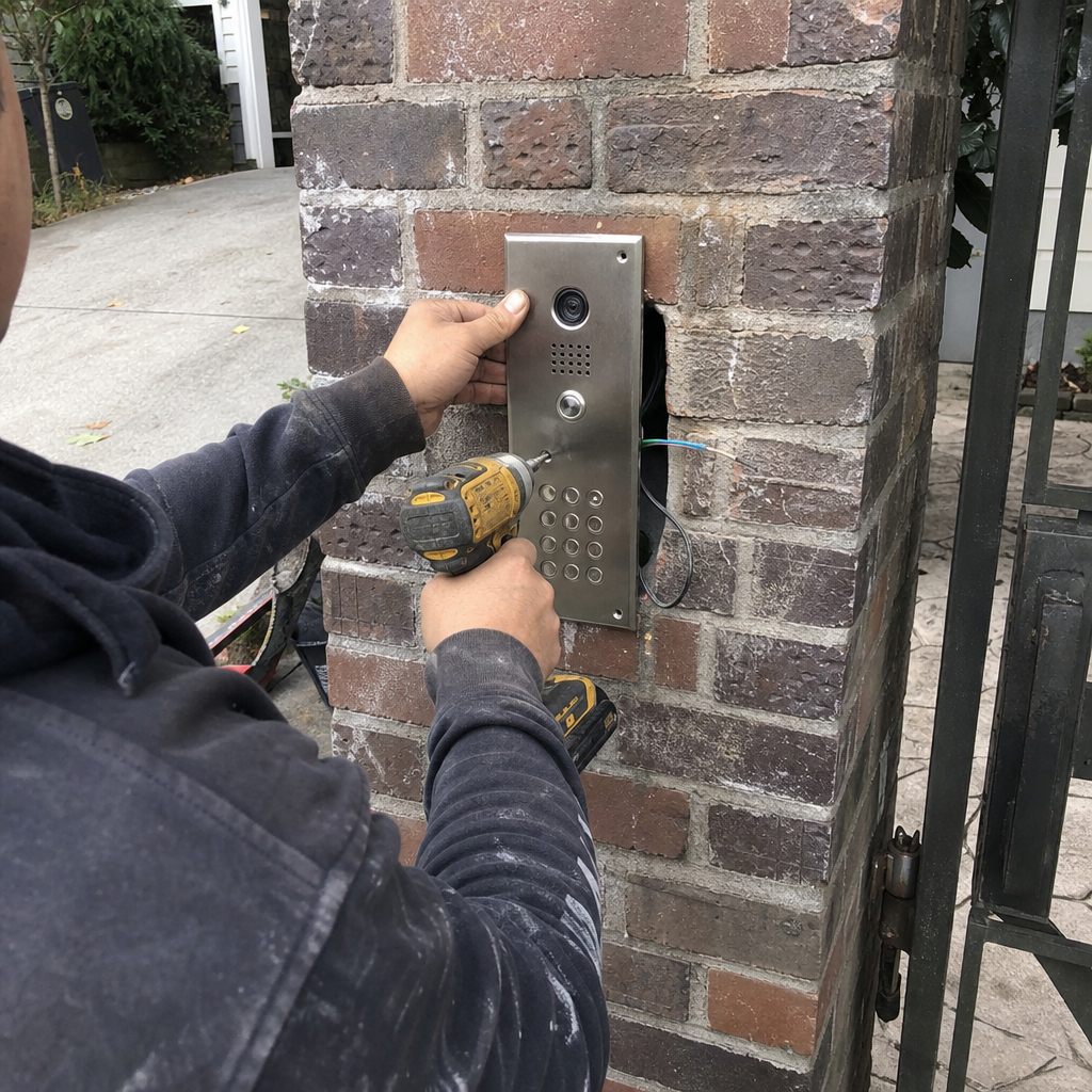 Technician installing a gate access control intercom system on a brick column in Washington, WA
