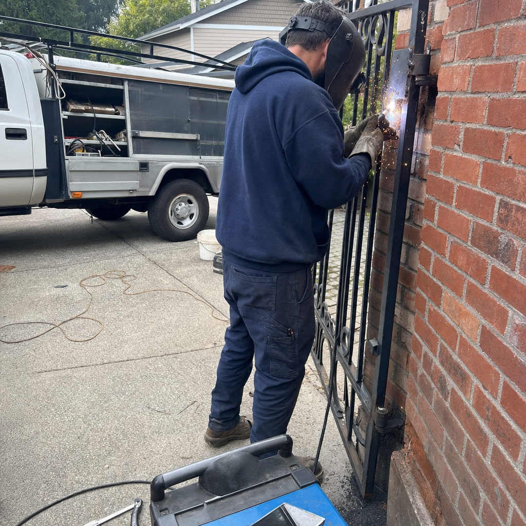 Professional technician performing on-site metal gate repair and welding service