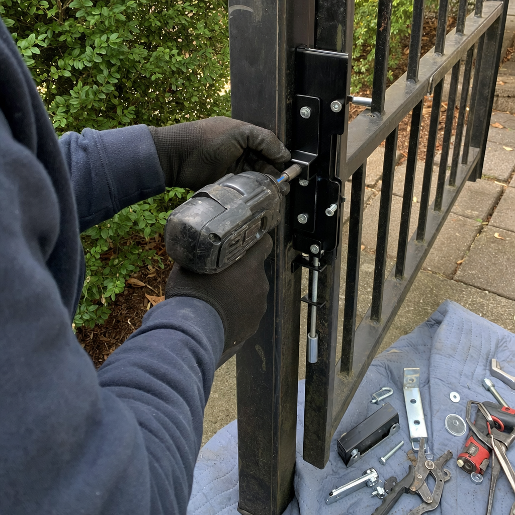 Technician using a power drill to install a metal gate latch