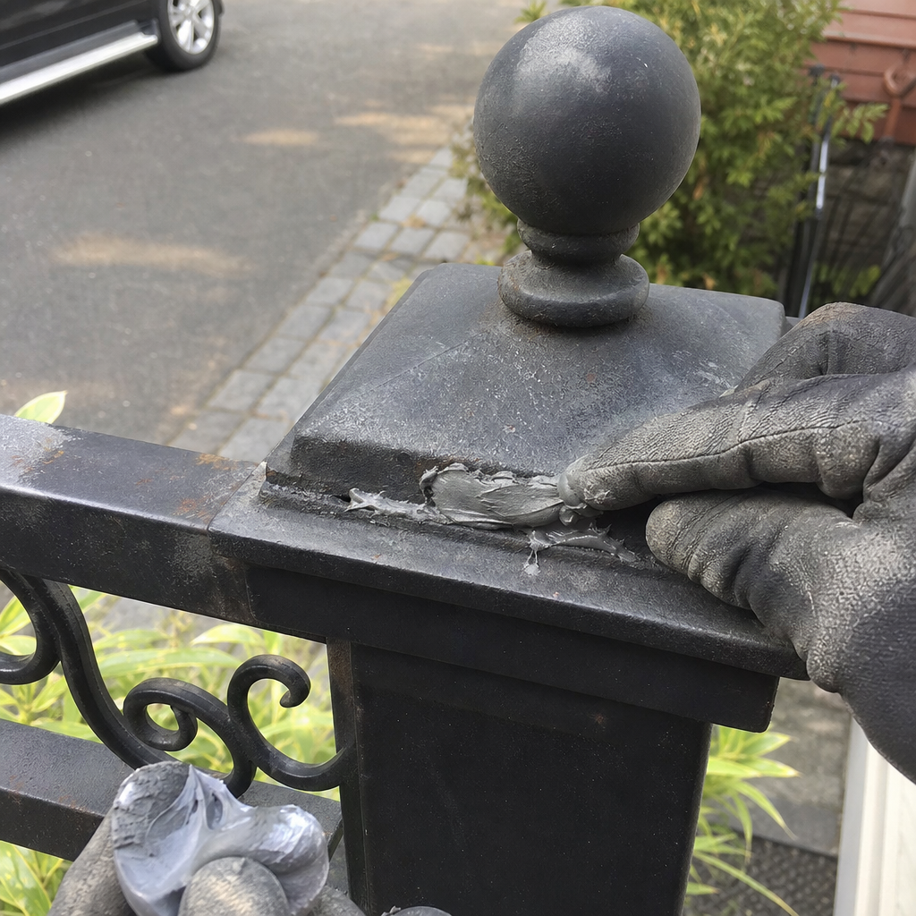 Gloved hand applying metal filler for professional gate repair and maintenance